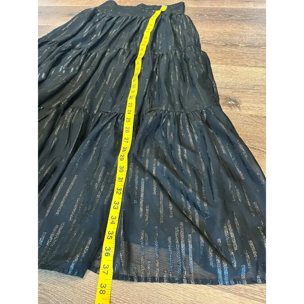 Elan Women’s Small Black Metallic Stripe Tiered Maxi Skirt Boho Elastic Waist - Picture 6 of 7